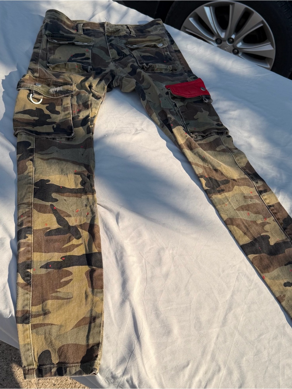 THRT Slim Camo Skinny Jeans with Red Pocket Accent